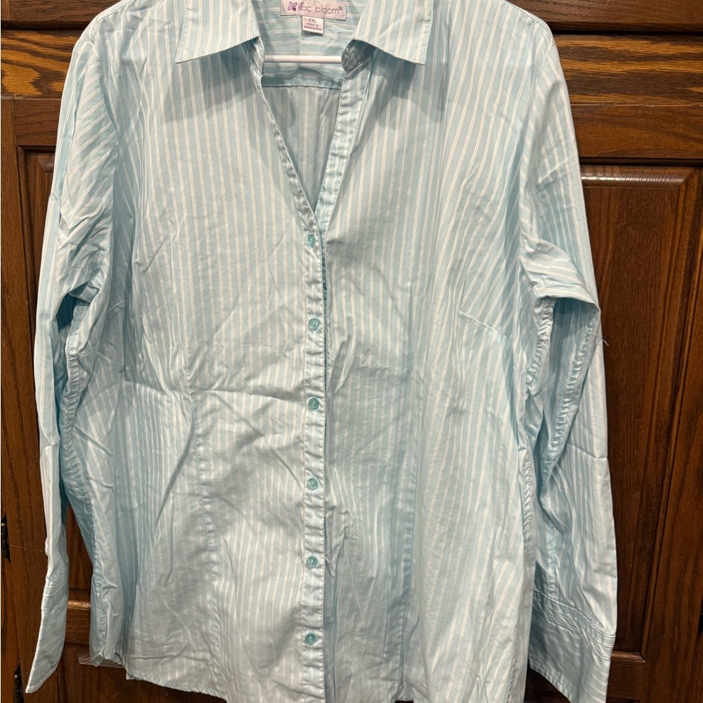 Lilac Bloom Shirt Blouse 2XL Women’s Button Down Blue White Stripe Long Sleeve